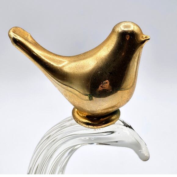 MCM Home Decor Accent - Vintage Brass Birds on Clear Art Glass Wave - Picture 2 of 7